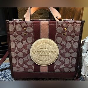 Coach Dempsey Tote 22 Crossbody Bag - Signature Canvas Stripe - Wine/Burgundy